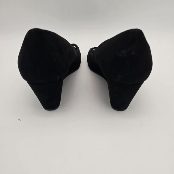 Torrid Black Peep Toe Wedge Heels Size 9W Faux Suede - Picture 3 of 11